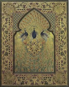 Book cover showing three peacocks atop a gem-encrusted heart shape, their tail feathers completely covering the middle, arched, section.  Vines and leaves border the cover, and the entire cover is highlighted with gold leaf.