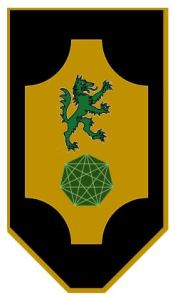 Banner of the City of Rusheniya, showing a gold cross-shaped shield on a black background.  A green wolf-rampant is at the top of the shield, and a green seven-sided faceted gem is at the bottom of the shield.