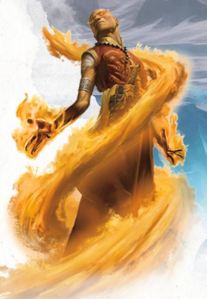 Illustration of a sorcerer with glowing eyes, and surrounded by a spiral of golden fire.